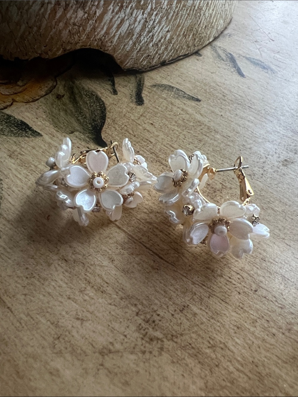 Anthropologie Pearl White Floral Hoop Earrings